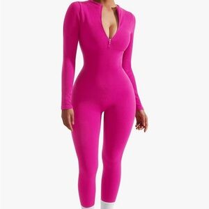 Hot Pink Zip-Up Long Sleeve Jumpsuit - Small